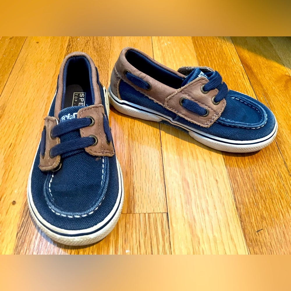 Sperry Top Sider “Halyard Jr.” size 8 Toddler Navy Blue & Brown Boat Shoes